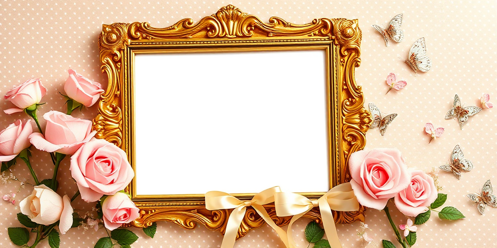 Create a vintage-style photo frame with ornate golden detailing, surrounded by soft pink roses and a delicate cream ribbon, featuring a polka dot background in beige with subtle butterfly accents, shot with a DSLR camera at f/2.8 aperture, 50mm lens, with soft natural lighting for enhanced clarity and depth.