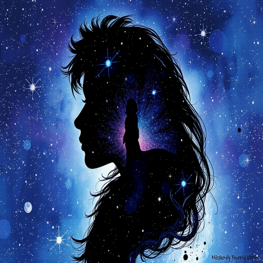 Captivating conceptual render alcohol ink art, double exposure, the paint strokes artfully merge combining a woman's full silhouette with a Adorable alpaca's silhouette. The figures are composed of a series of colored dots, lines & spots that evoke the image of a cosmic galaxy, colors are deep shades of blue purple & black with flashes of white & silver representing distant stars. The woman's silhouette is formed within the lion's silhouette from constellations of scattered stars, surreal
