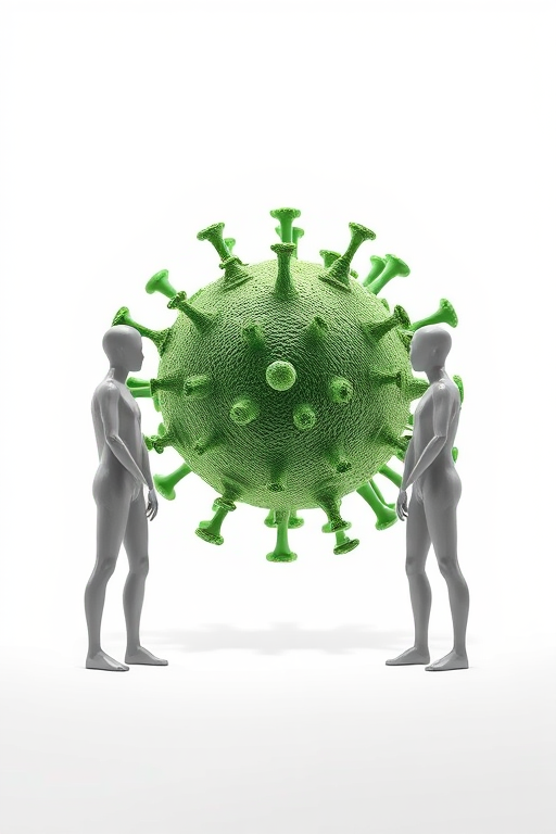 Create an illustration of two abstract figures standing 2 meters apart on either side of a large green virus model, with a focus on the virus's details, using a Canon EOS R5 camera, 50mm lens, f/8 aperture, 1/200 sec shutter speed, ISO 100, in a well-lit studio setting with a white background for enhanced clarity and contrast.