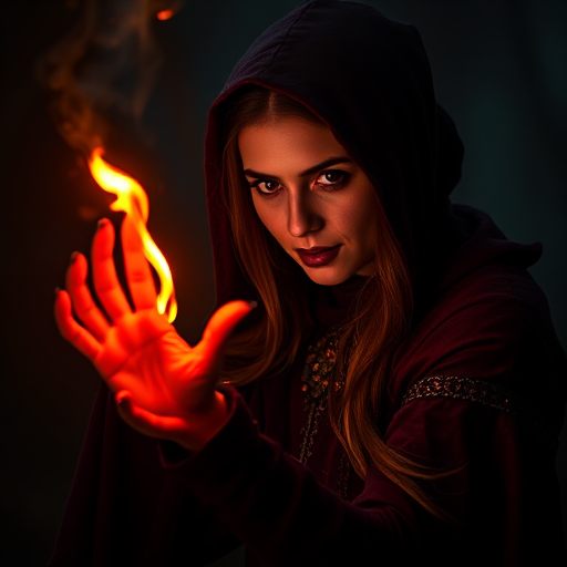 Create a high-resolution image of a dark sorceress with glowing flame magic in hand, using a Canon EOS R5 with a 50mm lens, f/1.8 aperture, ISO 100, shot from eye level, in a dramatic, cinematic style with vibrant colors.