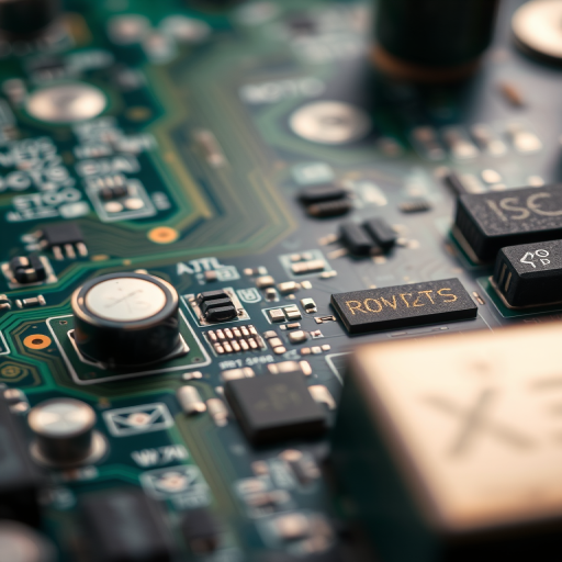 macro shot of a circuit board with intricate details and components, f/2.8 aperture, ISO 100, 50mm lens, low angle view, soft focus background, DSL camera