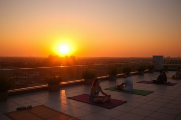 sunset view from a rooftop terrace with silhouettes of people on mats, soft focus, low angle shot, wide aperture f/2.8, ISO 400, 24mm lens, DSLR camera, golden hour lighting