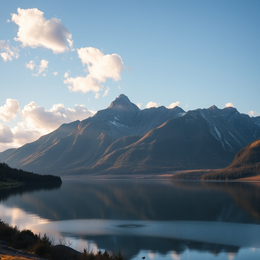 regenerate a serene mountain landscape with a clear blue sky, soft fluffy clouds, and a calm lake reflecting the scenery, using a Canon EOS R5, 24mm lens, aperture f/8, ISO 100, at sunrise to enhance colors and sharpness with a wide-angle view