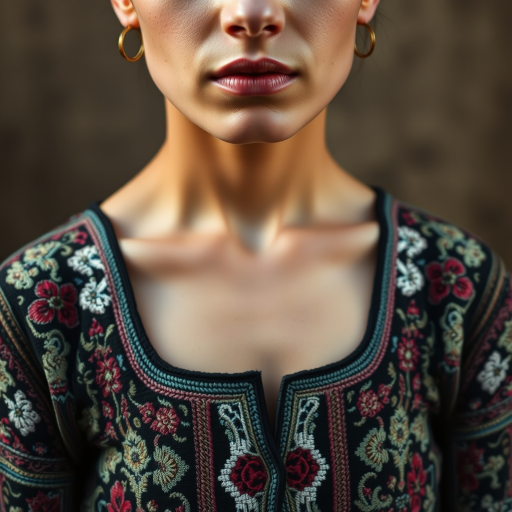 Face, shoulders, chest covered in openwork Tajik embroidery. Raw, unedited image.