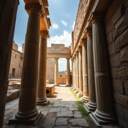 Capture a high-resolution image of ancient ruins with a focus on stone columns and walls, using a Canon EOS 5D Mark IV, 24mm lens, aperture f/8, ISO 100, natural lighting, and a wide-angle perspective to enhance depth and detail.