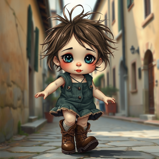Whimsical little 3-year-old girl wearing scruffy tomboy clothes, boots, messy hair heavily blushed cheeks, pink lips, closely dancing in the street of an Italian village,Textured painterly fantasy artistic mixed media