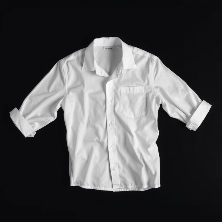 Create a high-resolution image of a white shirt floating against a solid black background, using a DSLR camera with a 50mm lens at f/2.8, ISO 100, and a shutter speed of 1/200s, in a top-down view with soft lighting for enhanced depth and shadows.