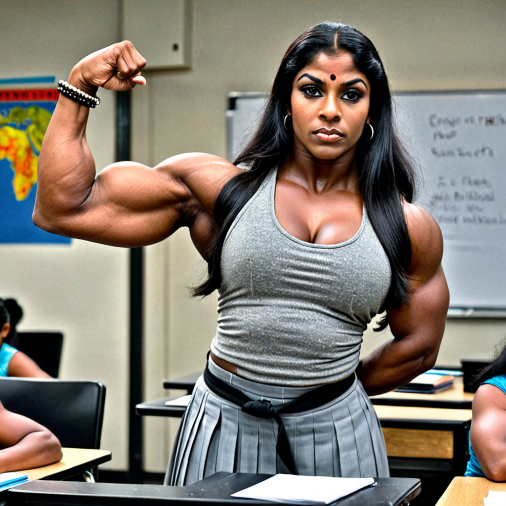 Free Ai Image Generator - High Quality and 100% Unique Images -  — A  massive chunky thick rough stern muscular female black indian bodybuilder  schoolgirl raises her thick arms to show