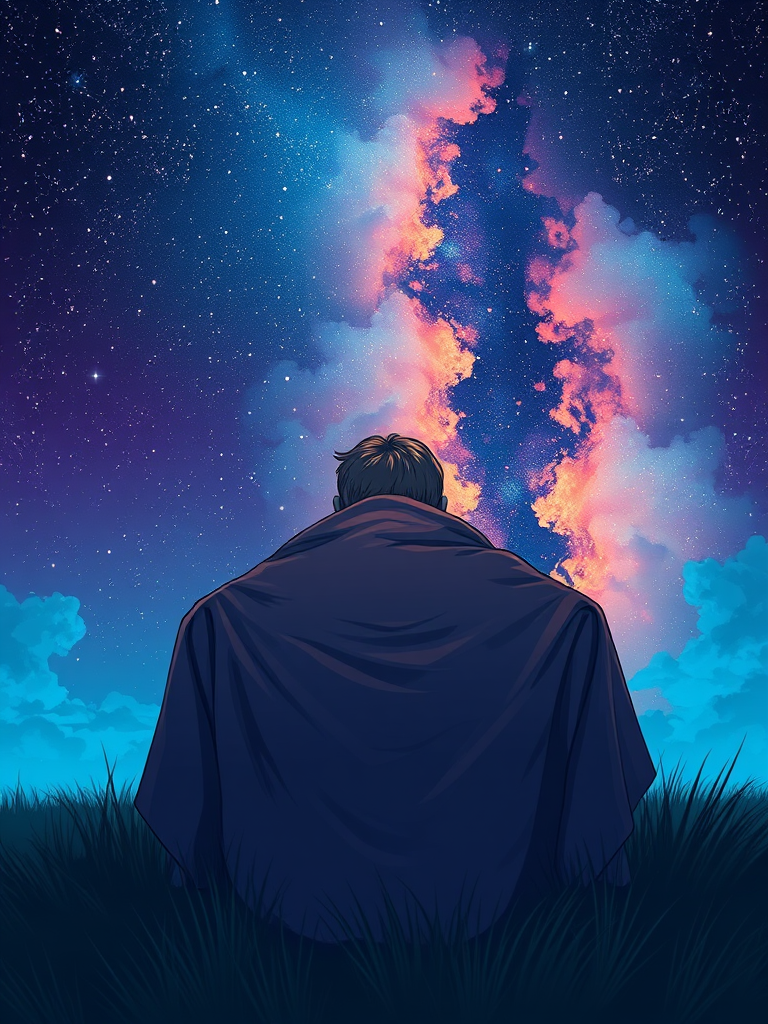 Generate an illustration of a person sitting on a chair wrapped in a blanket, facing a vibrant cosmic background with stars and clouds, using a Canon EOS R5 camera, 85mm lens, f/1.8 aperture, ISO 100, and a soft focus style to enhance image quality.