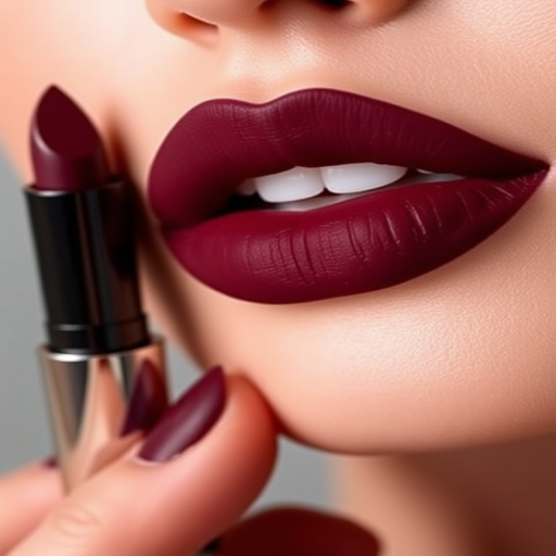 Matte burgundy velvet lips called "Midnight Wine" boast a rich, opaque color payoff and smooth texture, ideal for sophisticated evening events and autumn wardrobes