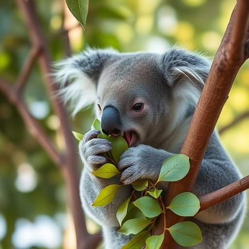 A koala eating eucalyptus leaves sitting on a tree branch, captured in soft natural light with a 50mm lens at f/2.8, ISO 200, in a shallow depth of field, realistic style, using a DSLR camera for high image quality.