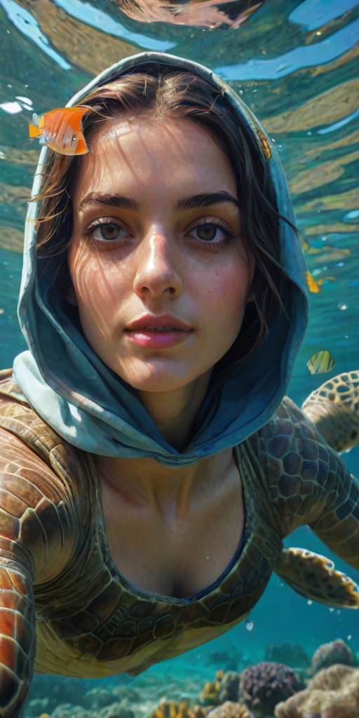 Realistic selfie image of a Middle Eastern, wearing a vintage outfit, detailed dreamy eyes, droopy hooded eyes, staring at the camera, taken underwater at coral reef with a sunbeam filtering through the water, vibrant, summer vacation, natural lighting, turtle and school of tropical fish with vibrant colors, rendered in the style of CryEngine, Pegi Nicol MacLeod, with realistic genre scenes, hauntingly beautiful narratives, ultra-realism, and Thomas Saliot's close-up technique, 8K resolution, crystal clear and sparkling water.
