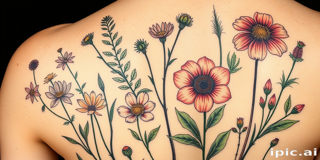 Botanical illustrative tattoo entitled "Flora Vitae" featuring highly detailed and scientifically accurate plant and flower drawings reminiscent of vintage botanical illustrations, perfect for nature lovers