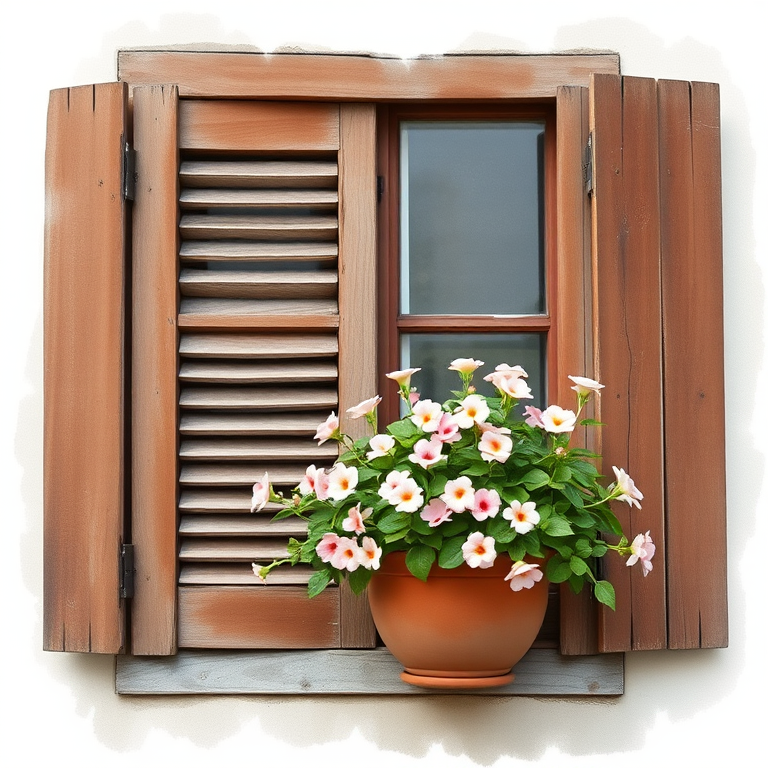a rustic window with wooden shutters and a flower pot overflowing with blooming plants, watercolor style, soft focus, natural light, 50mm lens, f/1.8, ISO 100, shutter speed 1/125s, captured with a DSLR camera