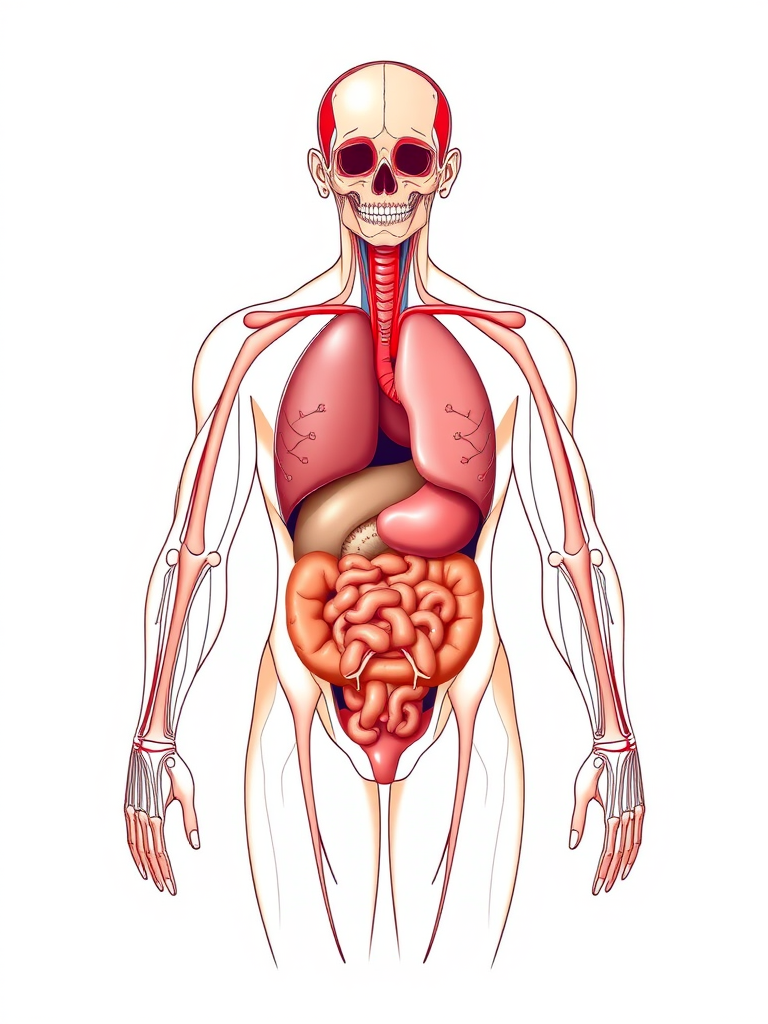 Generate a detailed anatomical illustration of a human body showcasing internal organs, using a high-resolution camera with 50mm lens at f/8 aperture, ISO 100, and a 1/125 shutter speed, in a frontal view with a clean, minimalist style and vibrant colors.