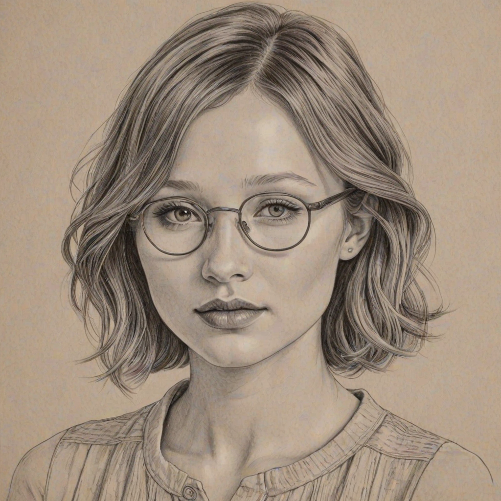 Dazzling Emily Browning, pencil sketch, portrait of Appealing woman 1924s in glasses, hair style beatnik, outline, clear lines, fine lines, 8k