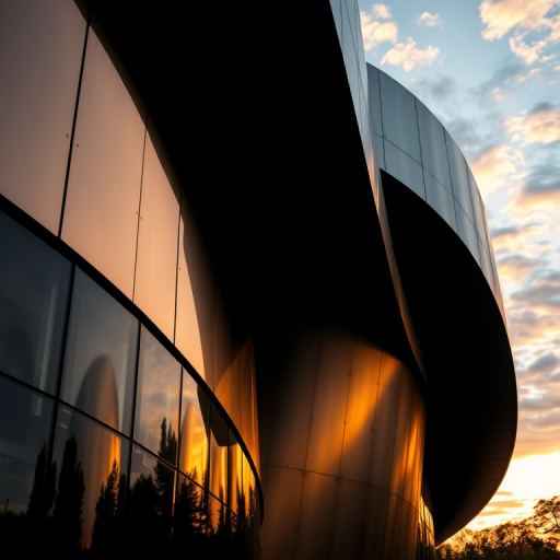 capture an abstract architectural view of a modern structure with curved steel walls reflecting warm sunset tones, emphasize contrasting shadows and soft cloud patterns in the sky, use a DSLR camera with a 24mm lens, aperture f/8, ISO 100, shutter speed 1/125s, shot at golden hour for enhanced lighting effects.