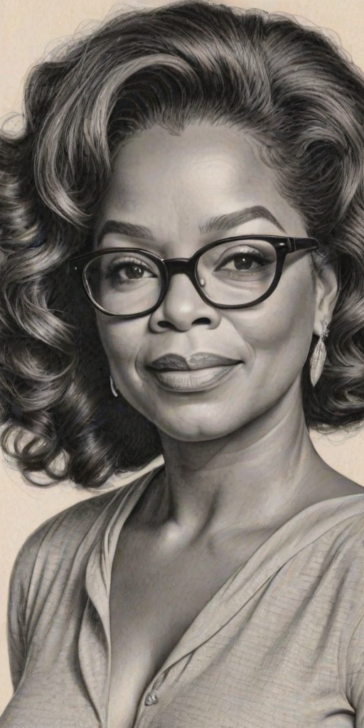 Beautiful Oprah Winfrey, pencil sketch, portrait of beautiful woman 60s in glasses, hair style beatnik, outline, clear lines, fine lines, 8k