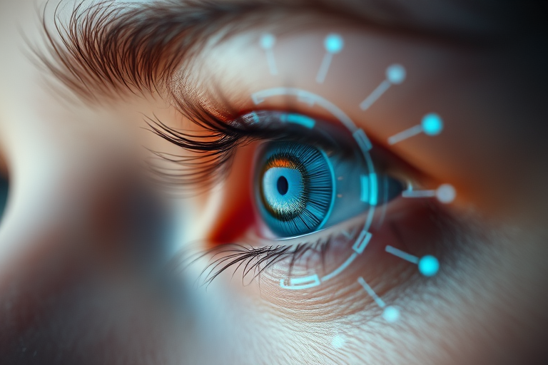 A close-up of a human eye with a futuristic biometric overlay, shot with a Canon EOS R5 at f/2.8, ISO 100, 50mm lens, with soft diffused lighting and a shallow depth of field for enhanced focus on the eye and intricate details of the overlay.