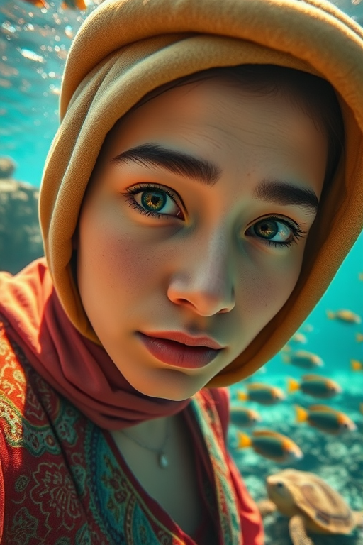 Realistic selfie image of a Kyrgyz, wearing a vintage outfit, detailed dreamy eyes, droopy hooded eyes, staring at the camera, taken underwater at coral reef with a sunbeam filtering through the water, vibrant, summer vacation, natural lighting, turtle and school of tropical fish with vibrant colors, rendered in the style of CryEngine, Pegi Nicol MacLeod, with realistic genre scenes, hauntingly beautiful narratives, ultra-realism, and Thomas Saliot's close-up technique, 8K resolution, crystal clear and sparkling water.