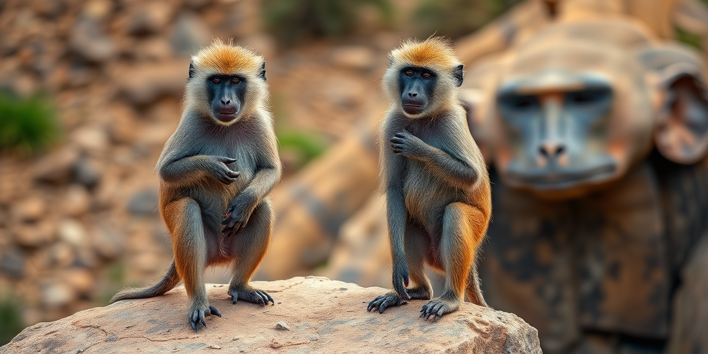 Generate a high-quality image of two baboons standing on a rocky ledge with a natural background, using a DSLR camera with a 50mm lens, aperture set to f/2.8, ISO 100, and a shutter speed of 1/250s for sharp focus and vivid detail.