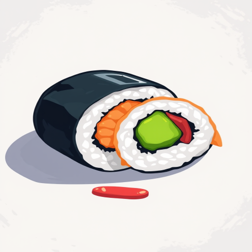 Generate a vibrant illustration of a sushi roll and a piece of sushi, full color with a textured background, 50mm lens, f/2.8 aperture, ISO 100, soft focus, flat lay perspective, digital art style.