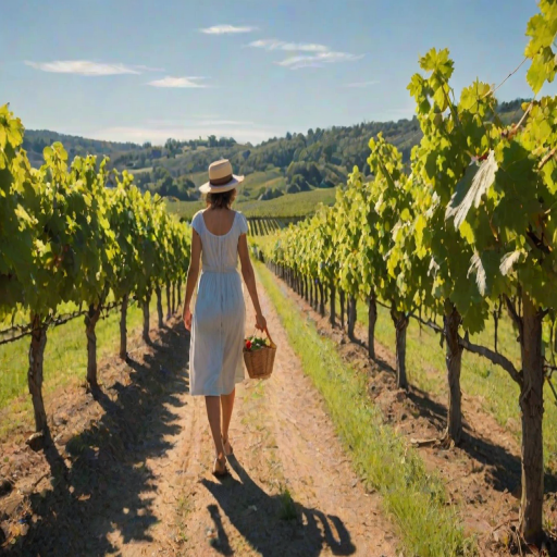 Sun-drenched vineyard, rows of grapevines stretching out under a bright blue sky, a woman walks slowly through the field, her hands gently brushing the ripe fruit.
