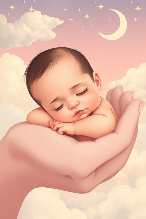 a serene illustration of a sleeping baby resting in a large hand, soft pastel colors, fluffy clouds, stars, and a crescent moon in the background, focus on gentle expressions and calming tones, shot with a Canon EOS R5 at f/4, ISO 100, 50mm lens, soft focus style, high-resolution image