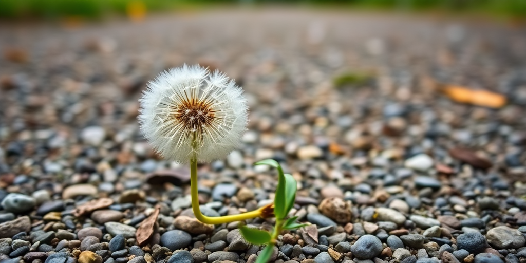 Close-up of a dandelion growing on a gravel path, f/2.8, 1/200s, ISO 100, shot with a DSLR camera from a low angle to emphasize the flower against a blurred background.