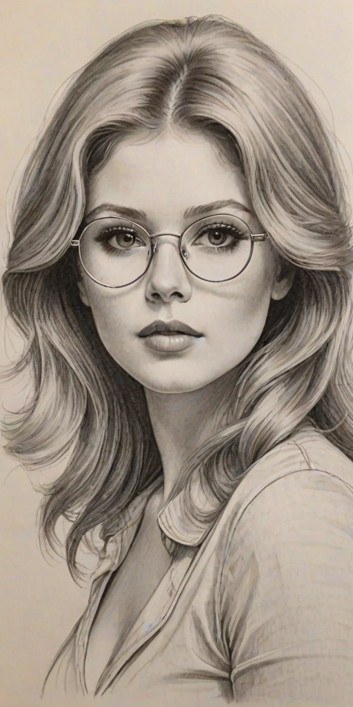 Alluring Renee Olstead, pencil sketch, portrait of Exquisite woman 1971s in glasses, hair style beatnik, outline, clear lines, fine lines, 8k