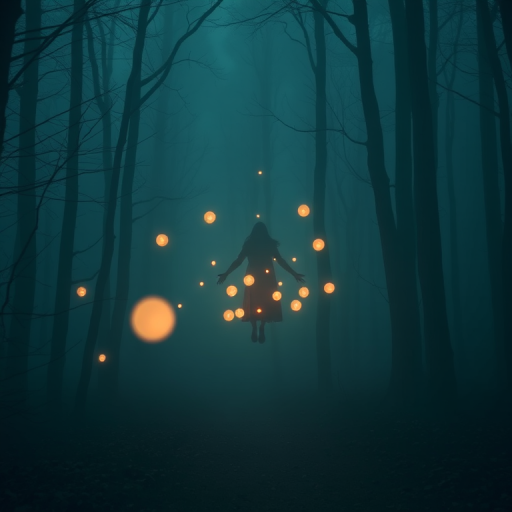 Create a mystical scene in a foggy forest with a levitating figure surrounded by glowing orbs, using a Canon EOS R5 with a 24-70mm lens at f/2.8, ISO 200, shutter speed 1/60s, capturing a wide-angle view with a soft focus background to enhance the ethereal atmosphere.