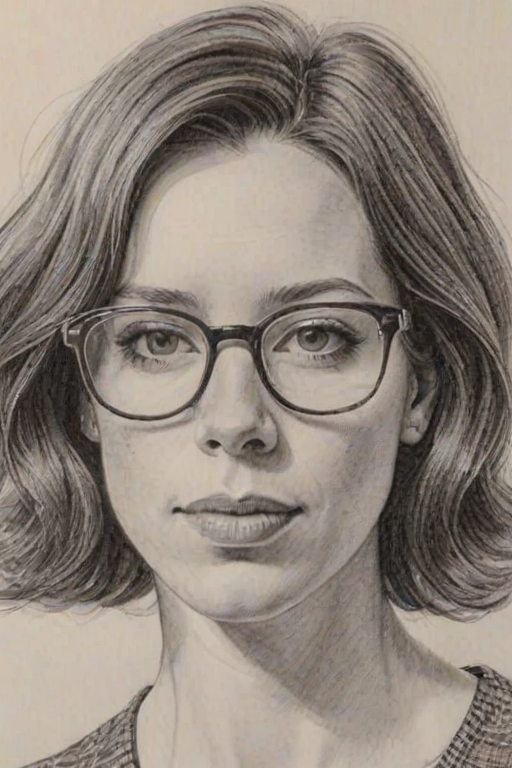 Comely Rebecca Hall, pencil sketch, portrait of Resplendent woman 1966s in glasses, hair style beatnik, outline, clear lines, fine lines, 8k