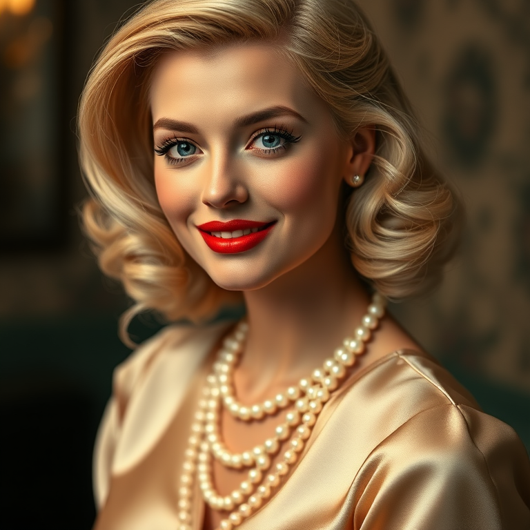 A beautiful Romani woman reminiscent of 1950s Hollywood glamour, with perfectly styled blonde hair and a seductive smile, dressed in a satin blouse and adorned with pearls, soft and warm tones, photorealistic, 8K