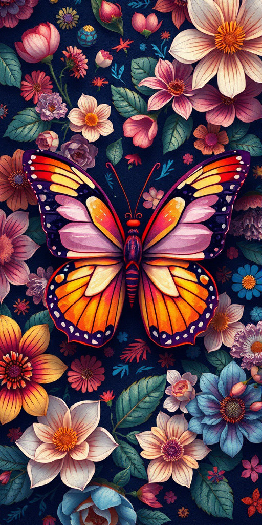 Create a detailed illustration of a stylized butterfly surrounded by vibrant floral patterns and colorful elements, using a digital painting technique with a high-resolution setting, a soft focus lens effect, and an overhead perspective for enhanced depth and richness.