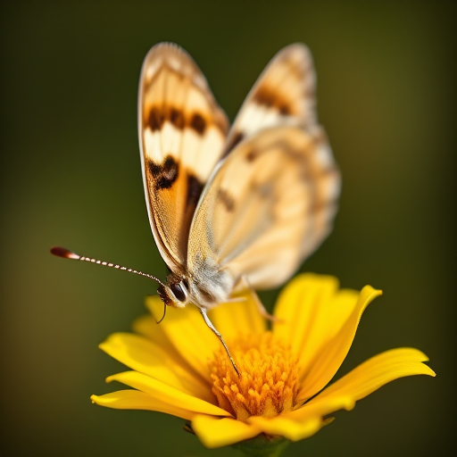 close-up of a butterfly resting on a yellow flower, soft-focus background, aperture f/2.8, ISO 200, shutter speed 1/100, macro lens, natural lighting, DSLR camera