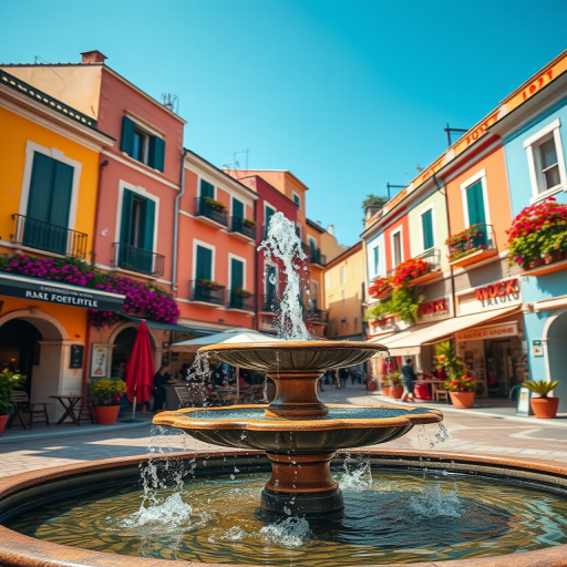 Regenerate an image of a vibrant street scene with a fountain in the foreground, colorful buildings adorned with flowers and umbrellas, captured with a Canon EOS R camera, 24mm lens, f/8 aperture, ISO 100, in natural daylight with a soft focus for depth, in a painterly style.