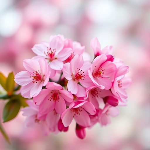 A bouquet of pink cherry blossoms on a softly blurred background, captured with a shallow depth of field using a DSLR camera at f/2.8, ISO 100, 50mm lens, with natural soft lighting to enhance colors and details.
