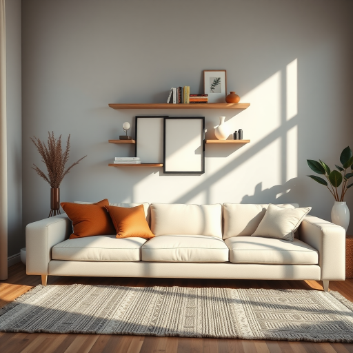 interior scene of a cozy living room with a modern couch, decorative shelves with books and vases, minimalist design, natural lighting, captured with a DSLR camera, f/4 aperture, 18mm lens, ISO 200, soft focus effect