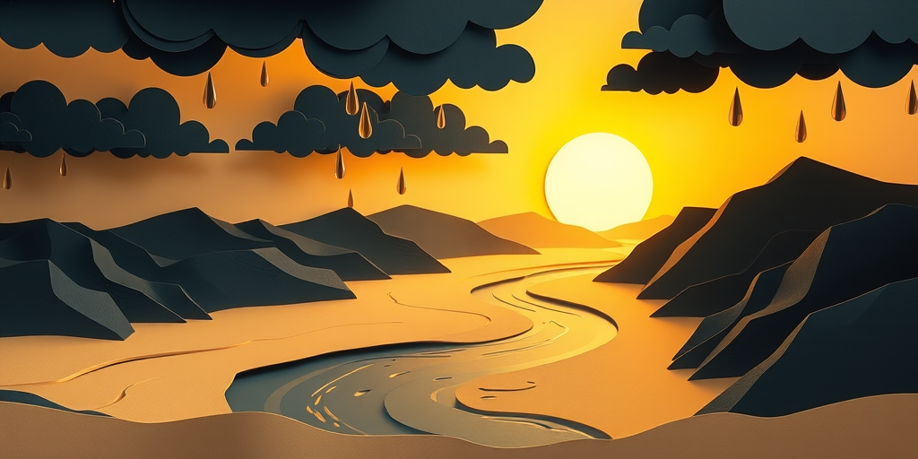 create a high-quality 3D paper cut-style scene with dark clouds and paper raindrops over a winding river with a sandy beach, a sun in the background, shot with a DSLR camera at f/8, ISO 100, 50mm lens, using soft lighting to enhance textures and details