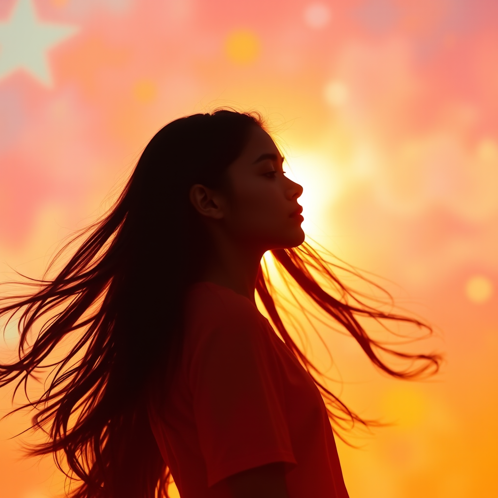 Create a soft focus silhouette of a girl with long, flowing hair in a vibrant, abstract background, using a Canon EOS R with a 50mm f/1.2 lens, aperture set to f/2.8, ISO 200, in a dreamy, painterly style with a high dynamic range.
