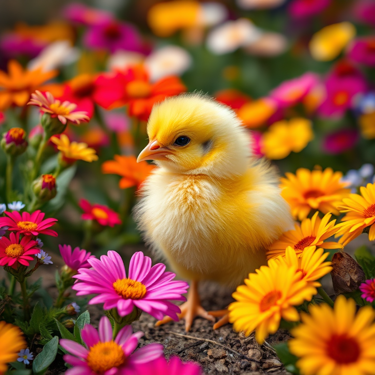 A fluffy yellow chick standing among colorful flowers in a vibrant garden, shot with a shallow depth of field at f/2.8, 50mm lens, soft lighting, vibrant colors, DSLR camera, close-up perspective.