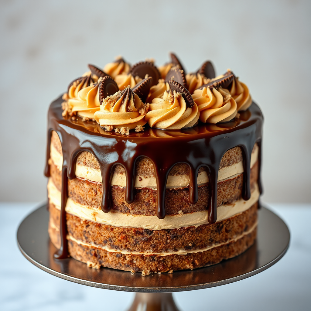 Create an image of a luxurious layered cake with a chocolate ganache drip. The cake should be decorated with swirls of peanut butter frosting and topped with peanut butter cups. Add a sprinkle of crushed peanut butter candy around the top for added texture and detail. The cake should be presented on a cake stand, with a focus on rich, indulgent textures and colors.