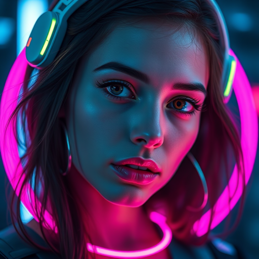 Generate a futuristic portrait of a female character with neon elements, cinematic lighting, high contrast, close-up view, using a DSLR camera at f/1.8, 50mm lens, ISO 200, and shot in RAW format for enhanced image quality.