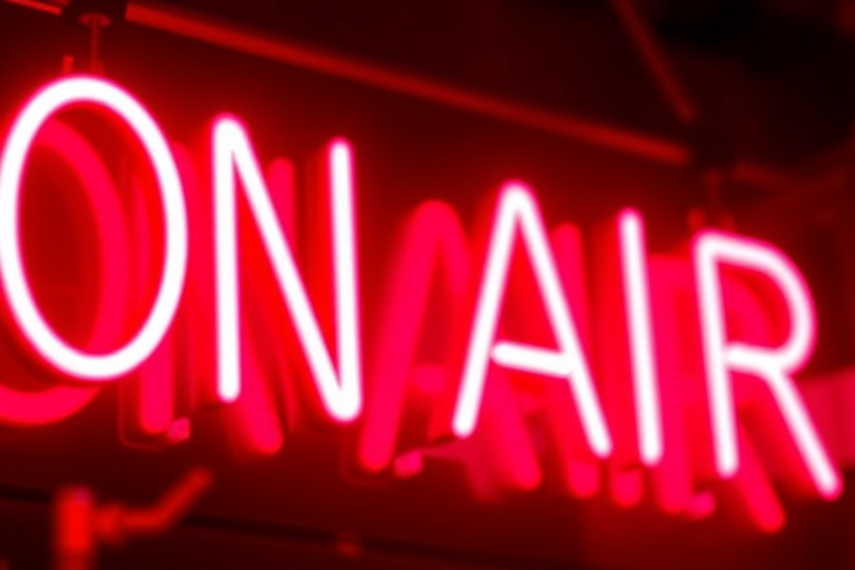 Create an image of a neon "ON AIR" sign with a glowing pink outline against a blurred dark background, using a DSLR camera with a 50mm f/1.8 lens, aperture set to f/1.8, ISO 100, and a shutter speed of 1/60s for a sharp focus and vibrant colors.