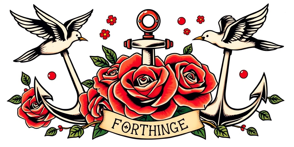 Traditional American tattoo style piece called "Sailor's Fortune" with bold outlines and bright primary colors featuring classic motifs like anchors roses and swallows arranged in a nostalgic nautical composition