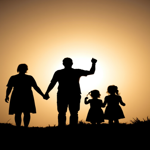 Create a high-contrast silhouette of a family holding hands against a bright background, use a DSLR camera with a 50mm lens, aperture f/8, shutter speed 1/1000s, and ISO 100, taken from a medium distance with a straight-on view to emphasize the silhouettes.