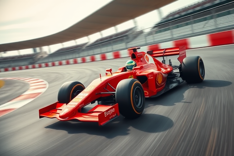 Capture a high-speed racing scene featuring a bright red Formula 1 car driving on a track, with motion blur to emphasize speed, using a DSLR camera, ISO 100, aperture f/2.8, shutter speed 1/1000s, lens focal length 50mm, shot from a low angle to enhance dynamism and perspective.
