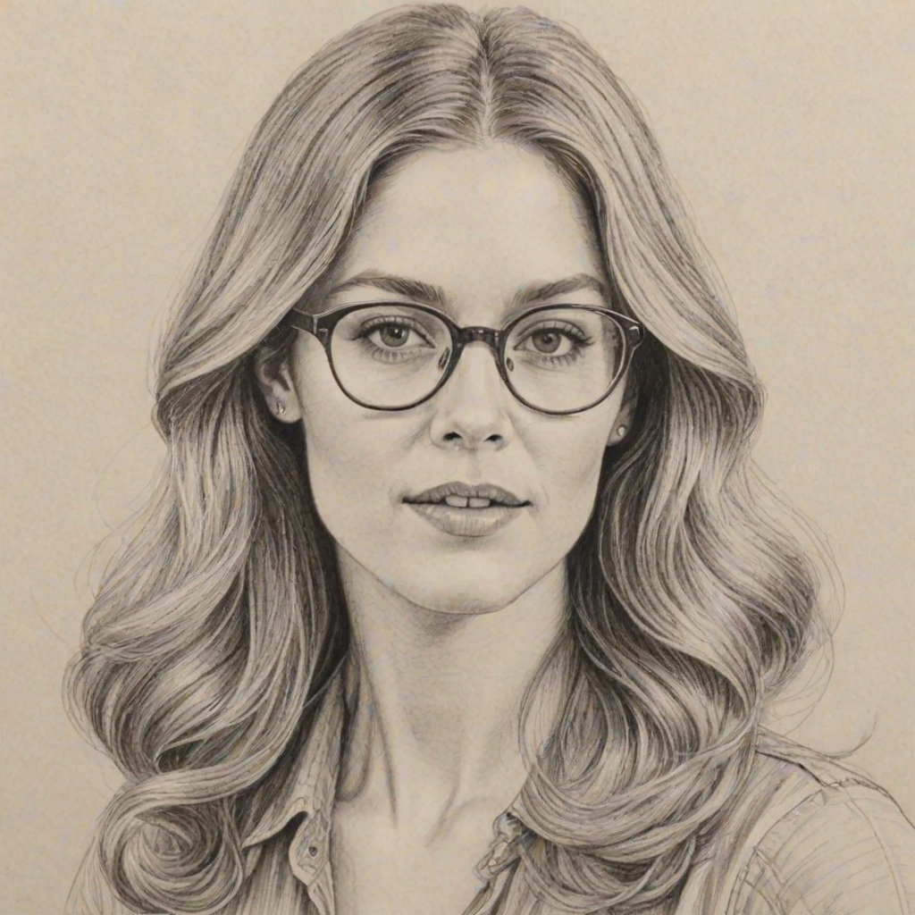Comely Charity Wakefield, pencil sketch, portrait of Exquisite woman 1970s in glasses, hair style beatnik, outline, clear lines, fine lines, 8k