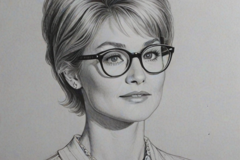 Graceful Dee Wallace, pencil sketch, portrait of Appealing woman 1960s in glasses, hair style beatnik, outline, clear lines, fine lines, 8k
