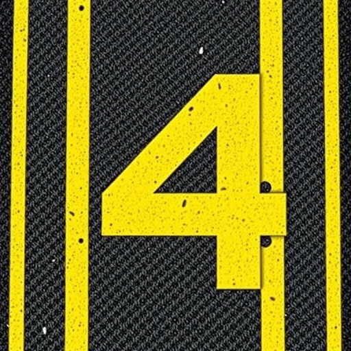 Create a vibrant image of the number 4 designed with a racing track theme, featuring bold yellow lines with subtle highlights and shadows for depth, shot with a DSLR camera at f/4 aperture, ISO 100, 1/200s shutter speed, using a wide-angle lens from a top-down view.